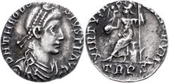 Ancient Coins Münzen Römische Kaiserzeit Theodosius I., 379-395, Siliqua (1,32g), Trier. Av: Büste nach rechts, darum "DN THEODO - SIVS PF AVG". Rev: Sitzende Roma mit Viktoria auf Globus nach links, 