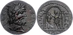 Ancient Coins Münzen der Römischen Provinzen Pisidien, Tremessos, Æ (15,03g), 3. Jhd. nach Chr., pseudoautonome Prägung. Av: Zeuskopf nach rechts, darum Umschrift. Rev: Zweisäuliger Tempel mit Rundbog