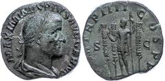 Ancient Coins Münzen Römische Kaiserzeit Maximinus Thrax, 238, Sesterz (17,93g), Rom. Av: Büste nach rechts, darum "MAXIMINVS PIVS AVG GERM". Rev: Stehender Kaiser zwischen drei Standarten und "S C", 