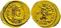 Ancient Coins Münzen Römische Kaiserzeit Honorius, 395-402, Tremisses (1,48g). Av: Brustbild nach rechts, darum Umschrift. Rev: Viktoria mit Kranz und Kreuzglobus nach rechts zwischen R-M, darum Umsch