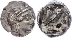 Ancient Coins Attika Athen, Tetradrachme (17,12g), ca. 415 v. Chr., Av: Athenekopf mit attischem Helm nach rechts, Rev: Eule nach rechts, dahinter Ölzweig und Mondsichel, davor "AOE". Svoronos Pl. 13,