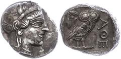 Ancient Coins Attika Athen, Tetradrachme (17,16g), ca. 403-365 v. Chr., Av: Athenekopf mit attischem Helm nach rechts, Rev: Eule nach rechts, dahinter Ölzweig und Mondsichel, davor "AOE". Svoronos Pl.