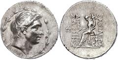 Ancient Coins Seleukidien Tetradrachme (16,67g), 162-155/54 v. Chr., Demetrios I. Soter, Antiochia. Av. Kopf nach rechts, darum Kranz. Rev: Thronende Tyche mit Füllhorn nach links. SC 1640(1), hohes R