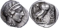 Ancient Coins Attika Athen, Tetradrachme (17,11g), ca. 449-420 v. Chr. Av: Athenakopf mit attischem Helm nach rechts. Rev: Eule nach rechts, dahinter Ölzweig und Mondsichel. Dewing 1595, ss-vz. ss-vz 