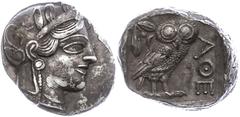 Ancient Coins Attika Athen, Tetradrachme (17,16g), ca. 403-365 v. Chr., Av: Athenekopf mit attischem Helm nach rechts, Rev: Eule nach rechts, dahinter Ölzweig und Mondsichel, davor "AOE". Svoronos Pl.