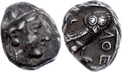 Ancient Coins Attika Athen, Tetradrachme (17,13g), ca. 337-294 v. Chr. Av: Athenakopf mit attischem Helm nach rechts. Rev: Eule nach rechts, dahinter Ölzweig und Mondsichel. Svoronos Pl. 19/20, etwas 