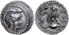 Ancient Coins Attika Athen, Drachme (4,23g), ca. 148/138 v. Chr. Av: Athenakopf mit attischem Helm nach rechts. Rev: Eule auf Amphore nach rechts, daneben Ähre. Thompson 138-157, etwas dezentriert, vz