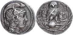 Ancient Coins Attika Athen, Tetradrachme (16,83g), ca. 132/131 v. Chr. Av: Athenakopf mit attischem Helm nach rechts. Rev: Eule auf Amphore nach rechts, daneben Löwenprotome. Thompson 386, ss. ss Atti