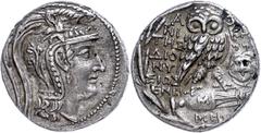 Ancient Coins Attika Athen, Tetradrachme (16,49g), ca. 98/97 v. Chr. Av: Athenakopf mit attischem Helm nach rechts. Rev: Eule auf Amphore nach rechts, daneben Gorgoneion. Thompson 961, ss. ss Attica A