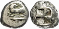 Ancient Coins Mysia Kyzikos, Elektron Stater (16,03g), ca. 500-450 v. Chr. Av: Widder auf Thunfisch. Rev: Quadratum incusum. SNG von Aulock 1190, ss. ss Mysia Cyzicus, electron stater (16, 03 g), appr