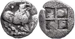 Ancient Coins Makedonien Aigai, AR Trihemiobol (0,85g), 500-480 v. Chr., Av: Ziege mit rückgewendetem Kopf r. kniend, darüber und darunter Kugel, Rev: Viergeteiltes Quadratum incusum, BMC 4, SNG ANS 5