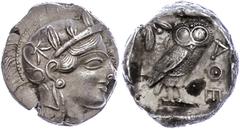 Ancient Coins Attika Athen, Tetradrachme (17,12g), ca. 415 v. Chr., Av: Athenekopf mit attischem Helm nach rechts, Rev: Eule nach rechts, dahinter Ölzweig und Mondsichel, davor "AOE". Svoronos Pl. 13,