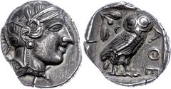 Ancient Coins Attika Athen, Tetradrachme (17,13g), 403-365 v. Chr.. Av: Athenakopf mit attischem Helm nach rechts. Rev: Eule nach rechts, dahinter Ölzweig und Mondsichel. Svoronos Pl. 15/16, kl. Schrö