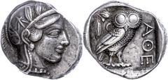 Ancient Coins Attika Athen, Tetradrachme (17,11g), ca. 449-420 v. Chr., Av: Athenakopf mit attischem Helm nach rechts. Rev: Eule nach rechts, dahinter Ölzweig und Mondsichel. Dewing 1595, ss-vz. ss-vz