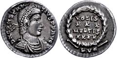 Ancient Coins Münzen Römische Kaiserzeit Constantius II., 337-361, Siliqua (1,98g), Lyon. Av: Büste nach rechts, darum Umschrift. Rev: "VOTIS / XXX / MVLTIS / XXXX" im Kranz, darunter "LVG". RIC 216, 