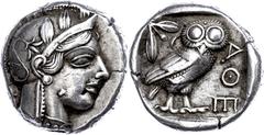 Ancient Coins Attika Athen, Tetradrachme (17,20g), 449-404 v. Chr. Av. Athenakopf mit attischem Helm geschmückt mit drei Olivenblätter und Palmette n. r.. Rev. Attische Eule n. r stehend mit dem Kopf 