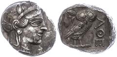 Ancient Coins Attika Athen, Tetradrachme (17,16g), ca. 403-365 v. Chr., Av: Athenekopf mit attischem Helm nach rechts, Rev: Eule nach rechts, dahinter Ölzweig und Mondsichel, davor "AOE". Svoronos Pl.