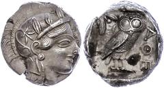 Ancient Coins Attika Athen, Tetradrachme (17,12g), ca. 415 v. Chr., Av: Athenekopf mit attischem Helm nach rechts, Rev: Eule nach rechts, dahinter Ölzweig und Mondsichel, davor "AOE". Svoronos Pl. 13,