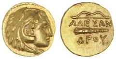 Ancient Gold Coins - Greek Kings of Macedon, Philip II - Alexander III, modern fantasy hybrid of a gold quarter stater, (3.01 g), obv. head of Herakles right (imitating Philip II), rev. ALEXANDROU, bo