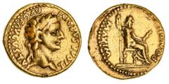 Ancient Gold Coins - Roman Tiberius, (A.D. 14-37), gold aureus, Lugdunum Mint, issued after A.D. 14-17, (7.76 g), obv. laureate head of Tiberius to right, around TI CAESAR DIVI AVG F AVGVSTVS, rev. PO