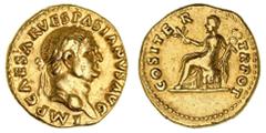 Ancient Gold Coins - Roman Vespasian, (A.D. 69-79), gold aureus, Rome mint, issued A.D. 70, (7.26 g), obv. laureate head right, around IMP CAESAR VESPASIANVS AVG, rev. COS ITER TR POT around, Pax seat