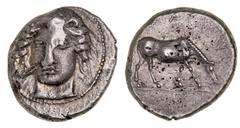 Greek Silver & Bronze Coins Thessaly, Larissa, (405/0-370 B.C.), silver drachm, (6.10 g), obv. facing head of nymph Larissa three-quarter to left, wearing tainia and necklace, border of dots, rev. hor