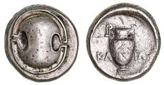 Greek Silver & Bronze Coins Boiotia, Thebes, (Circa 368-364 B.C.), contemporary plated (fourree) stater, (11.19 g), Klion... Magistrate, obv. Boiotian shield, rev. amphora, across fields KL IWN all wi