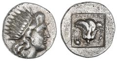 Greek Silver & Bronze Coins Caria, Rhodes, (190-170 B.C.), silver drachm, (2.96 g), obv. Head of Helios radiate right hair in locks, rev. Inside shallow incuse square a Rose, to left P and right O, ab