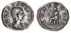 Roman Silver & Bronze Coins Julia Paula, (first wife of Elagabalus), (A.D. 220), silver denarius, (3.37 g), Rome Mint, obv. draped bust of Julia Paula to right, around IVLIA PAVLA AVG, rev. Concordia 