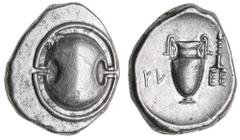 Greek Silver & Bronze Coins Boiotia, Thebes, (Circa 395-338 B.C.), silver stater (12.18 g), Klee[s] Magistrate, obv. Boiotian shield, rev. amphora with thymiaterion in field to right, across fields KL