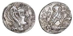Greek Silver & Bronze Coins Attica, Athens, silver tetradrachm, (129-128 B.C.) or revised date 97-96 B.C., (16.50 g), obv. head of Athena Parthenos to right, wearing triple crested Athenian helmet, or