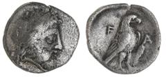 Greek Silver & Bronze Coins Peloponnesos, Elis, Olympia, 108th Olympiad, (352-348 B.C.), silver hemidrachm, (2.57 g), obv. Zeus Olympios bearded head crowned with olive wreath to right, rev, F A acros