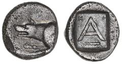 Greek Silver & Bronze Coins Peloponnesos, Argolis, Argos, silver hemidrachm, or Attic triobol, after 320's-280's B.C. (2.50 g), obv. forepart of wolf at bay to left, rev. A with N and I either side at