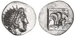 Greek Silver & Bronze Coins Caria, Rhodes, (190-170 B.C.), silver drachm, (2.87 g), obv. Head of Helios radiate right hair in locks, rev. Inside shallow incuse square a Rose with buds, to left P and r