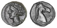 Greek Silver & Bronze Coins Zeugitania, Carthage, (c.215 B.C.), billon tridrachm or one and a half shekel, (11.25 g), obv. head of Tanit to left, crowned with wreath of corn, wearing earring with trip