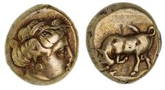 Ancient Gold Coins - Greek Lesbos, Mytilene, (c.377-326 B.C.), electrum hekte or sixth stater, 9mm, (2.52 g), obv. head of Persephone to right, wearing grain wreath, rev. bull butting left within line