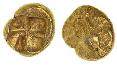 Ancient Gold Coins - Greek Ionia, uncertain, (c.610-560 B.C.), electrum ninety-sixth stater (0.13 g) of the Lydo Milesian standard, obv. figural type of uncertain type (lines radiating from a central 