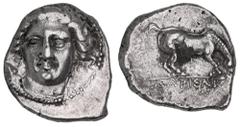 Greek Silver & Bronze Coins Thessaly, Larissa, (405/0-370 B.C.), silver drachm, (6.07 g), obv. facing head of nymph Larissa three-quarter to left, hair in ampyx [inscribed [GEU] border of dots, rev. h