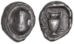 Greek Silver & Bronze Coins Boiotia, Thebes, (425-400 B.C.), silver stater (12.095 g), obv. Boiotian shield, rev. amphora in incuse square with ivy leaf hanging from left handle, across field to left 