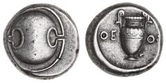 Greek Silver & Bronze Coins Boiotia, Thebes, (395-338 B.C.), silver stater (12.17 g), Theot[i] magistrate, obv. Boiotian shield, rev. amphora in incuse concave field, across field to left QE and to ri