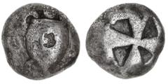 Greek Silver & Bronze Coins Attica, Aegina, (500-480 B.C.), silver stater, (11.93 g), obv. smoothed shell sea turtle, countermarked with symbol on the obverse, rev. "windmill" [four sunken segments, w