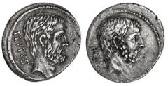 Roman Silver & Bronze Coins - Republic Q. Servilius Caepio (M. Junius Brutus), (54 B.C.), silver denarius, (3.92 g), obv. bare head of L. Junius Brutus to right, BRVTVS behind, rev. bare head of C. Se