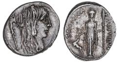 Roman Silver & Bronze Coins - Republic L. Hostilius Saserna, (48 B.C.), silver denarius, Rome Mint, (4.03 g), obv. Gallia head to right, Gaulish trumpet behind, rev. Diana of Ephesus facing with stag 