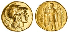 Ancient Gold Coins - Greek Macedon, Kingdom of, Alexander III, (336-323 B.C.), gold stater, (8.58 g), Sardes Mint, issued under Menander c.330/25-324/23 B.C., obv. head of Athena to right in crested C
