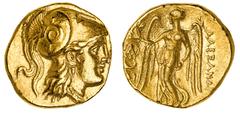 Ancient Gold Coins - Greek Macedon, Kingdom of, Alexander III, (336-323 B.C.), gold stater, (8.56 g), Carrhae Mint, issued c.305-300 B.C., obv. head of Athena to right in crested Corinthian helmet, re