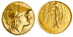 Ancient Gold Coins - Greek Macedon, Kingdom of, Philip III, (323-316 B.C.), gold stater, Abydos Mint, (8.56 g), obv. head of Athena to right in crested Corinthian helmet, ornamented with a serpent, re