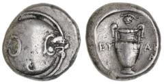 Greek Silver & Bronze Coins Boiotia, Thebes, (395-338 B.C.), silver stater (12.17 g), Eu(w)ara magistrate, obv. Boiotian shield, rev. amphora in incuse concave field, across field to left EY and to ri