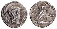 Greek Silver & Bronze Coins Attica, Athens, silver tetradrachm, (129-128 B.C.) or revised date 97-96 B.C., (16.29 g), obv. head of Athena Parthenos to right, wearing triple crested Athenian helmet, or