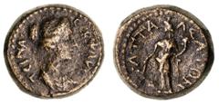 Roman Provincial Lydia, Attaleia, Faustina Junior, (147-175 A.D.), AE 18, (5.27 g), issued 155, obv, draped bust to right of Faustina, around FAUCTINA CEB, rev. Tyche standing left, kalathos on head, 