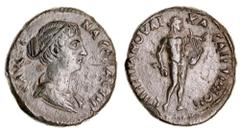 Roman Provincial Lydia, Saitta, Faustina Junior, (A.D. 147-175), AE2, (7.75 g), issued c.153 A.D., Titianos Magistrate, obv. draped bust of Faustina to right, around, FAVCTINA CEBACTH, rev. nude Apoll